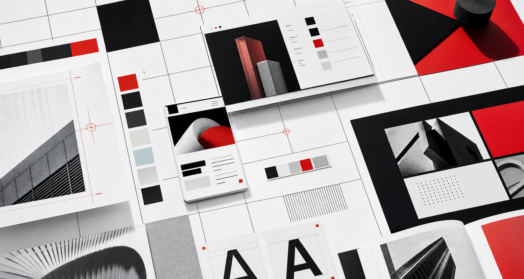 Swiss grid editorial design board with red, black, and white creative layouts