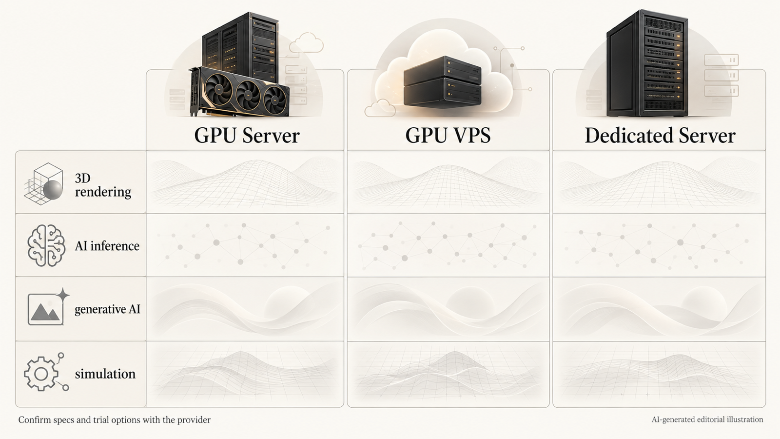 Help studios shortlist between GPU server, GPU VPS and dedicated server options based on workload, without model-by-model benchmark claims