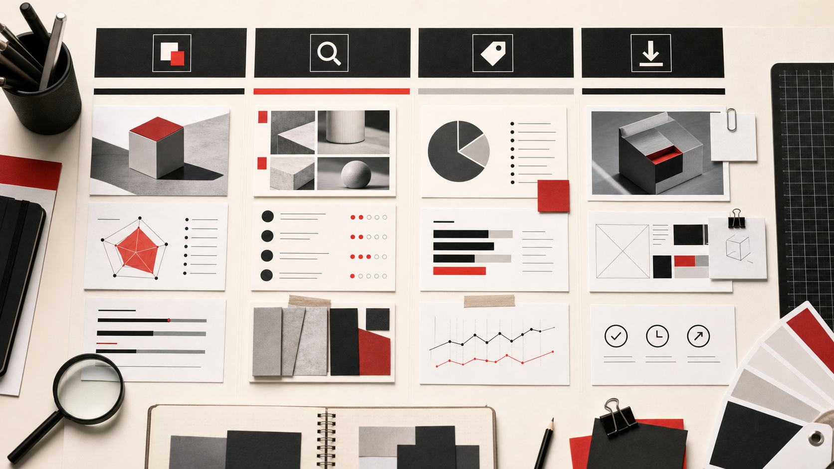 Editorial review desk grid with evidence, cost, fit, and output lanes